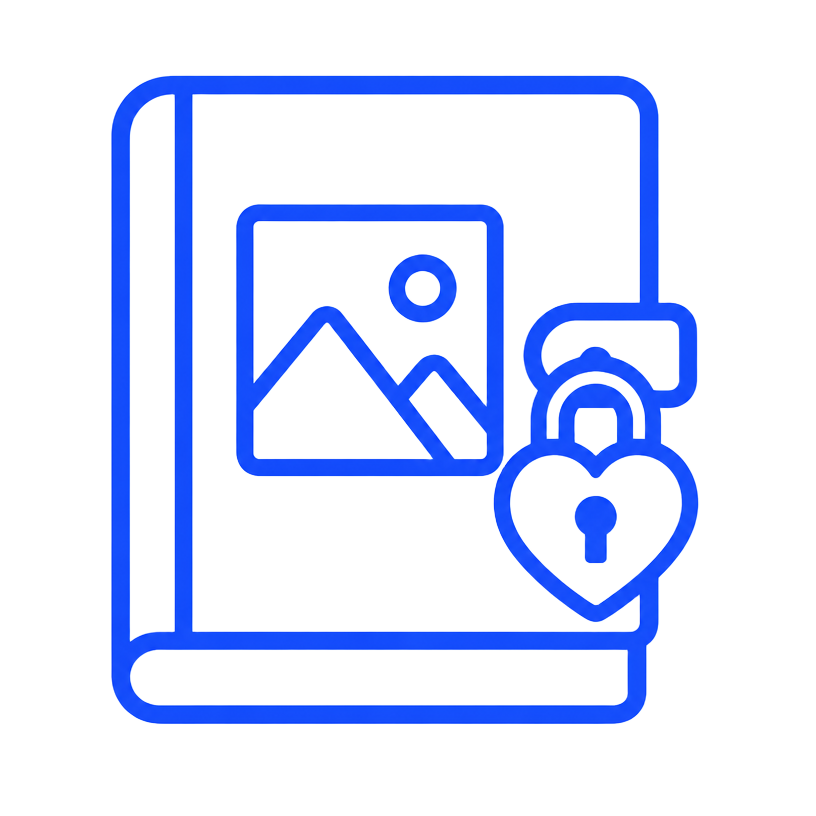 Blue line illustration of a photo album closed with a heart-shaped padlock