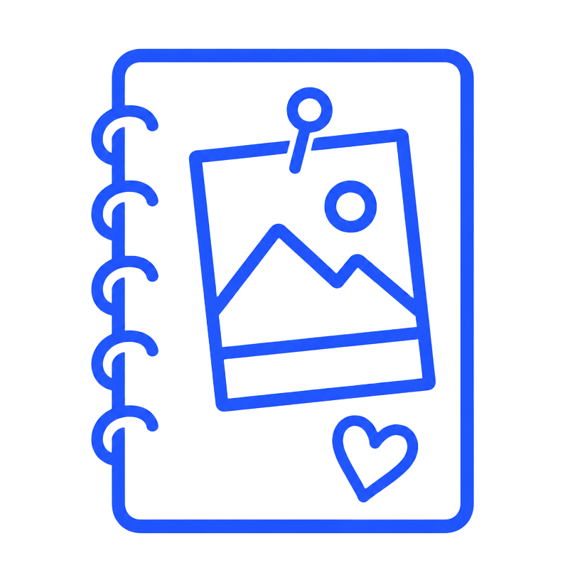 Blue line illustration of a daily diary page with a pinned photo and a heart