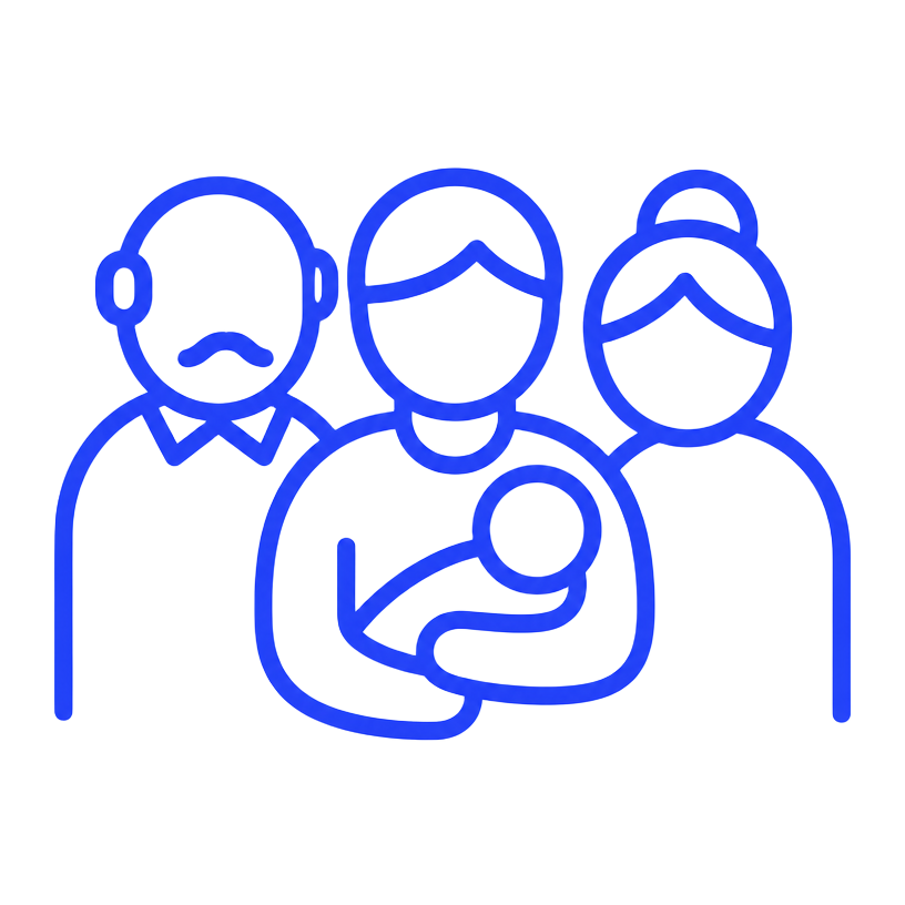Blue line illustration of grandparents and a parent holding a baby, looking at a shared photo