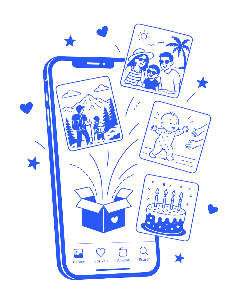 Blue illustration of a phone with family adventure photos flying out of the screen